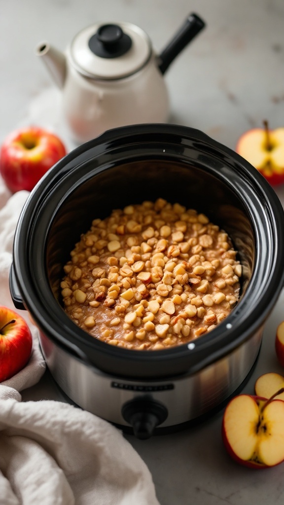 A bowl of cinnamon apple oatmeal in a crockpot with diced apples and cinnamon.