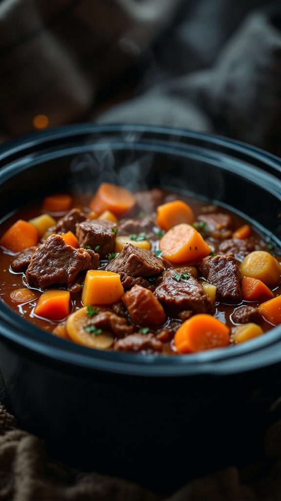 A bowl of classic beef stew with root vegetables, rich in color and steam rising from it.