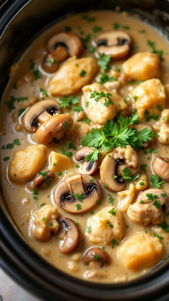 A bowl of creamy chicken and mushroom stew garnished with parsley