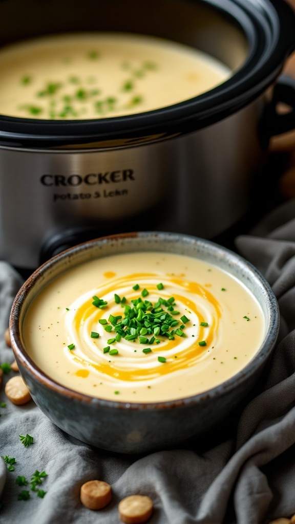 A bowl of creamy potato and leek soup garnished with chives.