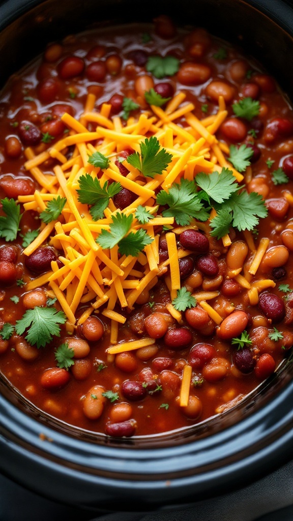 A bowl of hearty chili with beans, topped with cheddar cheese and fresh cilantro.