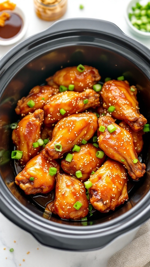 Delicious honey garlic chicken wings in a crockpot garnished with green onions and sesame seeds.