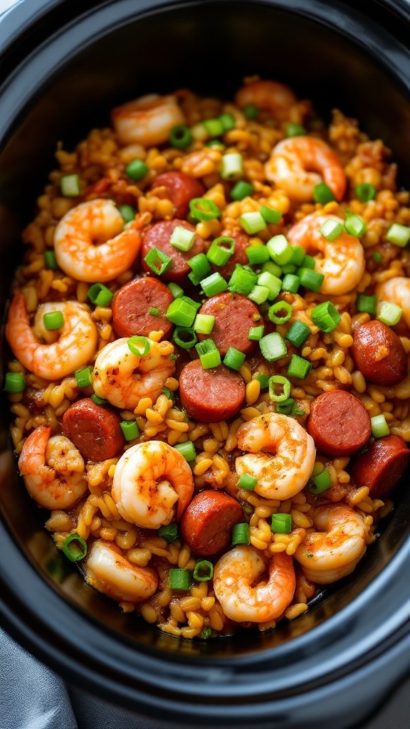 A bowl of jambalaya featuring shrimp, sausage, and green onions