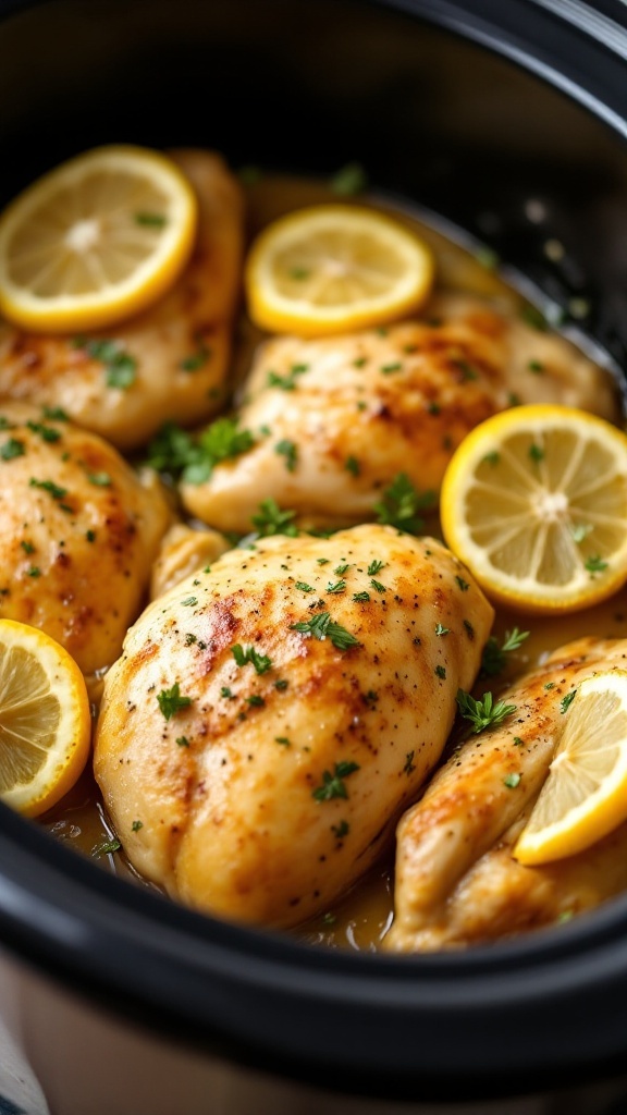 A delicious dish of lemon garlic herb chicken with slices of lemon and herbs