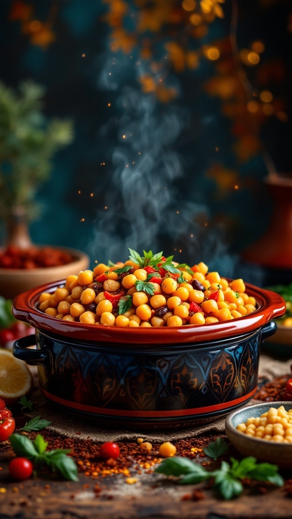 A vibrant bowl of Moroccan Chickpea Tagine, showcasing chickpeas, vegetables, and aromatic spices.