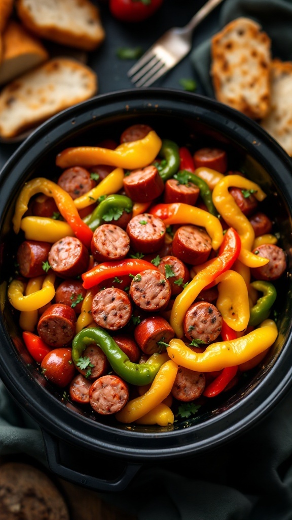 A crockpot filled with sliced Italian sausage and colorful bell peppers.