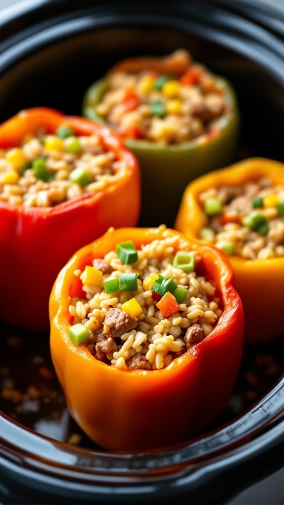 Colorful stuffed bell peppers filled with rice, meat, and vegetables in a crockpot.