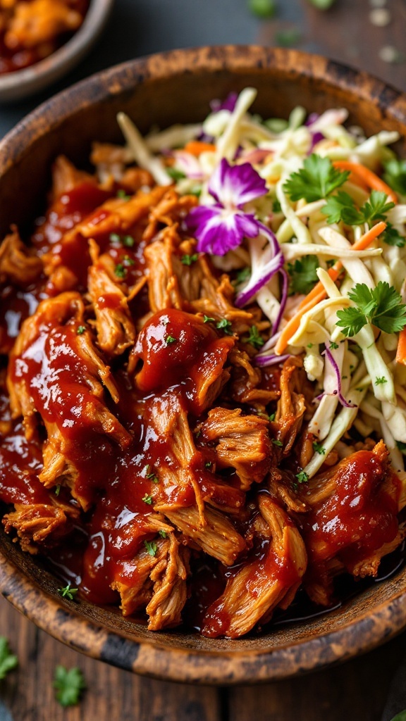 A bowl of Sweet and Spicy BBQ Pulled Pork with coleslaw