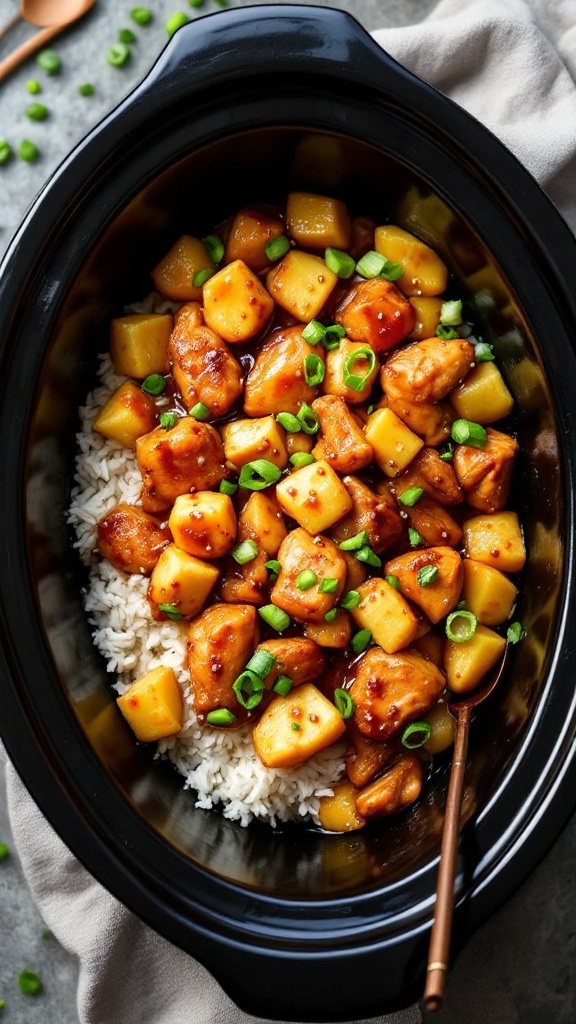 A delicious bowl of teriyaki chicken and pineapple served over rice with green onions.