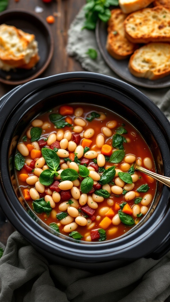 A bowl of Tuscan White Bean and Spinach Stew with vegetables and herbs.