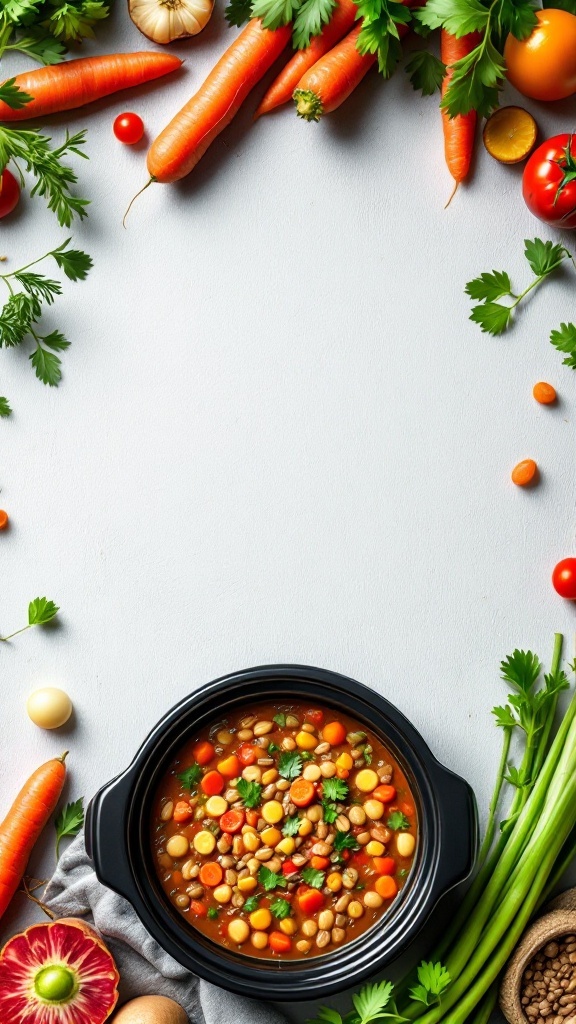 A bowl of vegetable lentil soup surrounded by fresh vegetables.