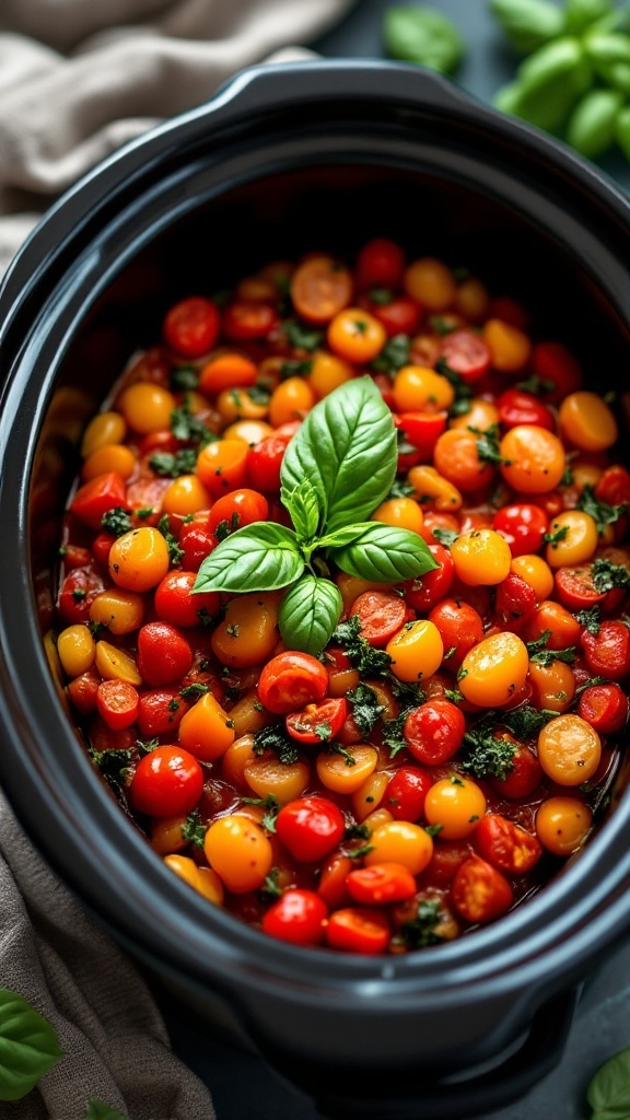A colorful bowl of vegetarian ratatouille in a crockpot