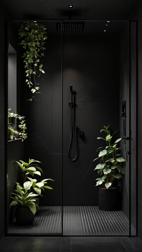 A stylish black shower bathroom with lush greenery.