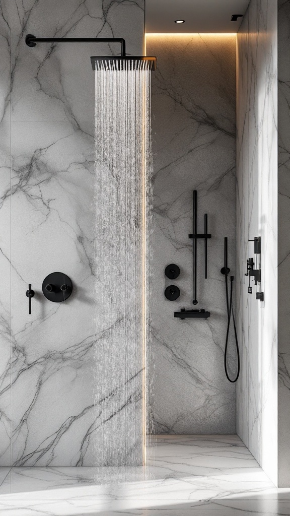 Modern black shower fixtures against marble walls in a bathroom