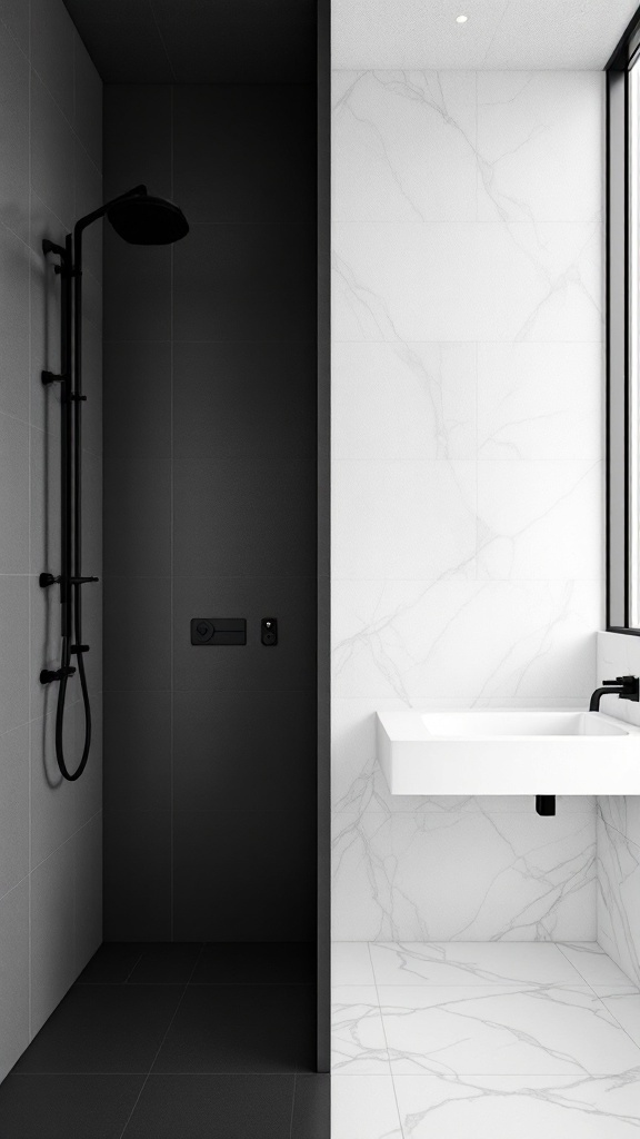 A bathroom featuring a black shower area with white marble elements, showcasing a modern contrast.