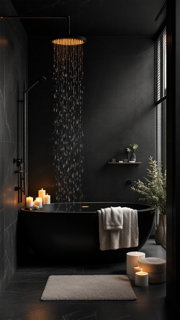 A black shower bathroom featuring a rainfall showerhead, candles, and plants for a spa-like atmosphere.