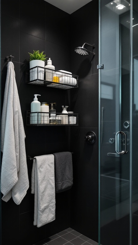 A modern black shower bathroom with wire shelves for storage, displaying toiletries and towels.