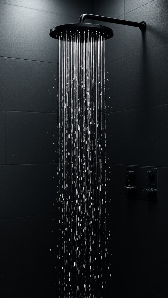 A modern black showerhead with water cascading down in a dark tiled bathroom