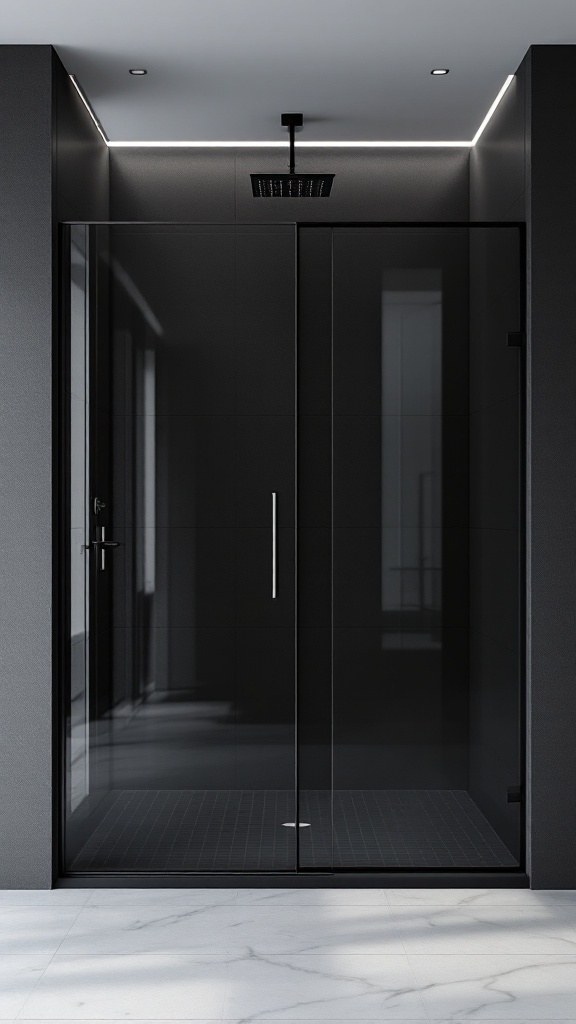 A sleek black shower design featuring glossy glass doors and dark tiles.