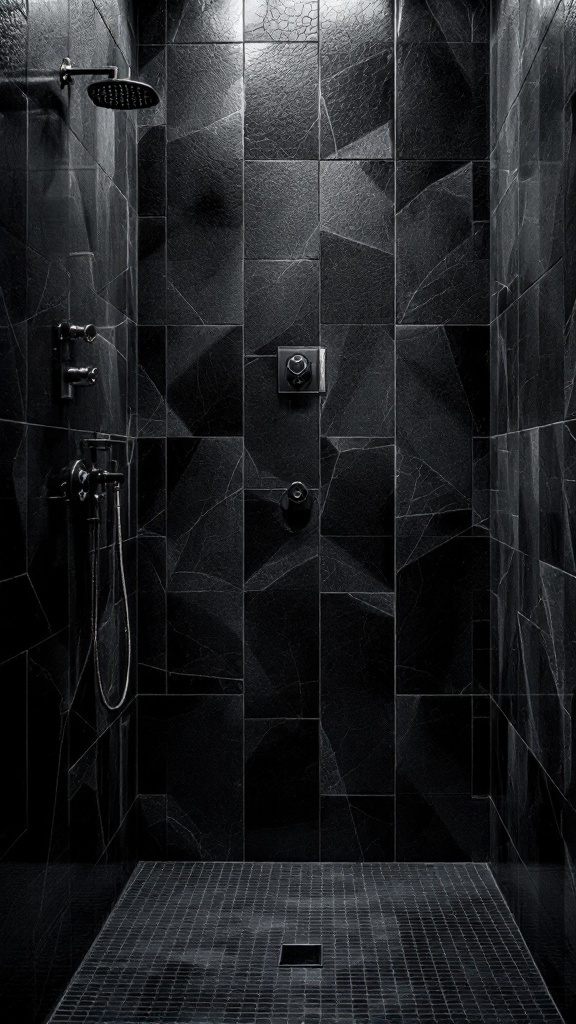 Textured black shower walls with modern fixtures