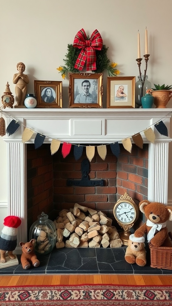 Cozy fireplace decorated with family photos, a festive wreath, and playful teddy bears.