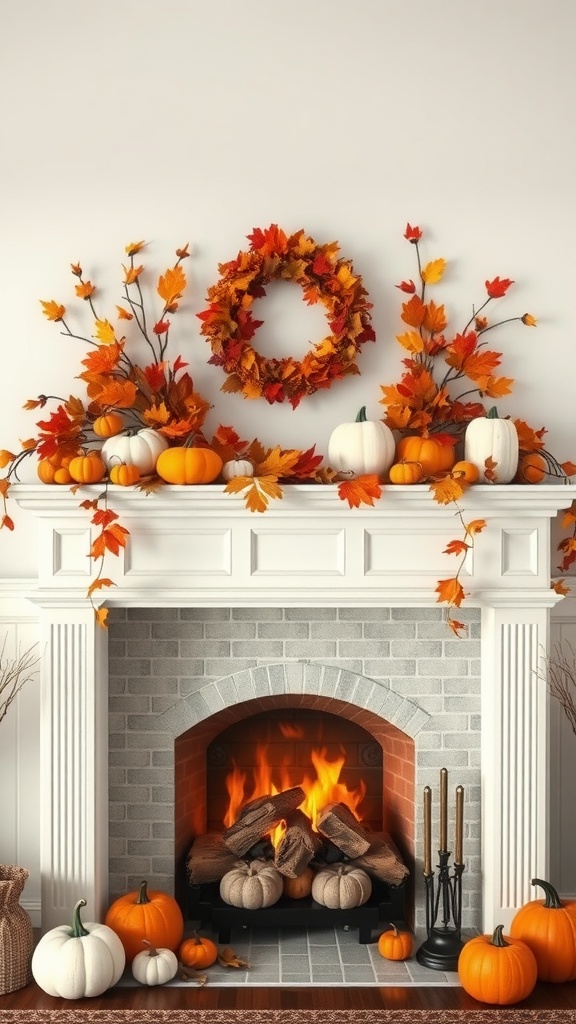 A cozy fireplace decorated for autumn with pumpkins and fall leaves.