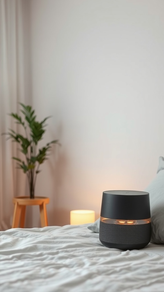 A stylish sound device on a bed with soft bedding and a plant in the background.