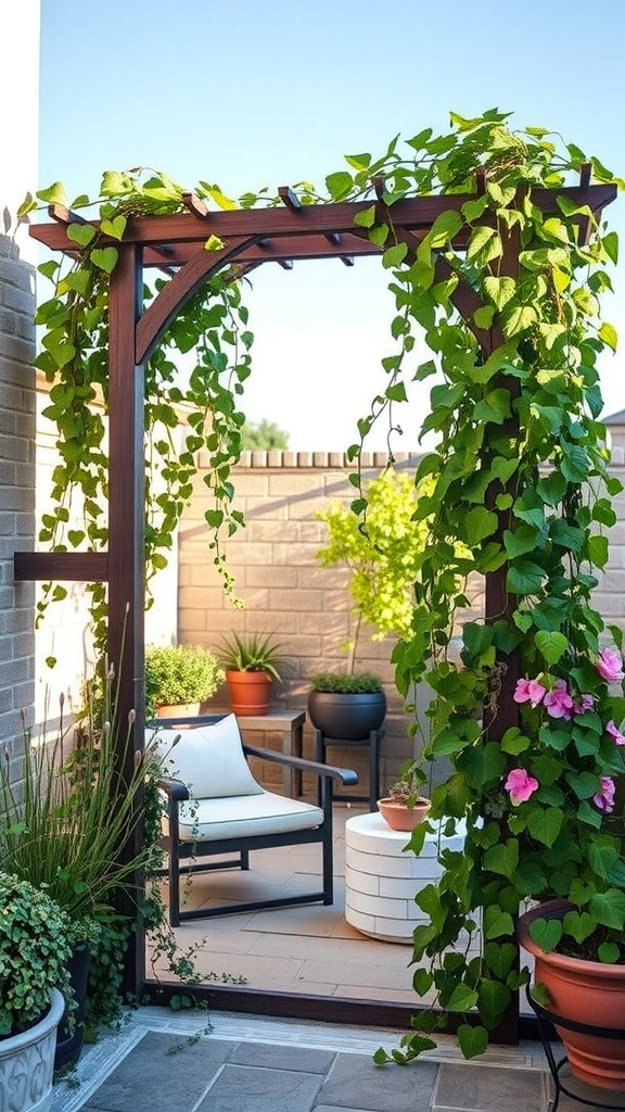 A garden trellis adorned with climbing vines and flowers, framing a cozy seating area in a bright outdoor patio