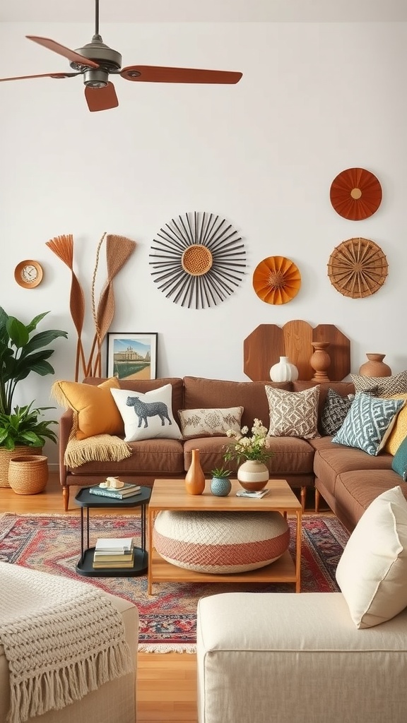 Cozy living room with artisan-made decor items, showcasing a mix of textures and warm colors.