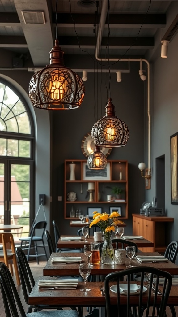 A restaurant interior featuring artisan-made pendant lights above dining tables, with wooden furniture and a cozy atmosphere.