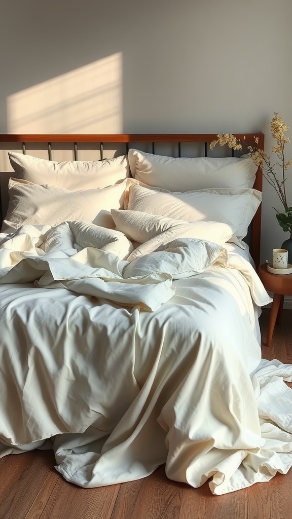 A cozy bed with cream-colored artisan linens and pillows, complemented by a bedside table with a small vase of flowers.