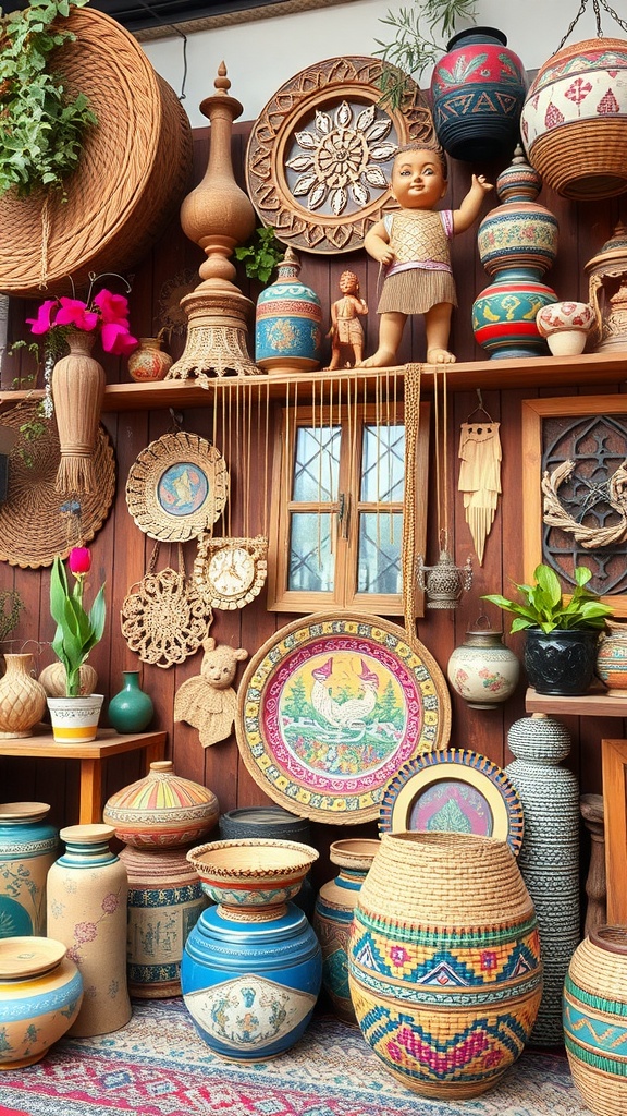 A display of artisan crafted decor including woven baskets, ceramic pots, and colorful wall hangings.