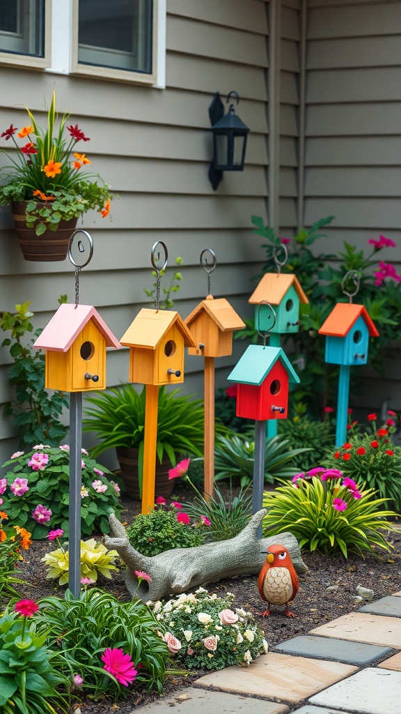 Colorful birdhouses in a garden setting with flowers