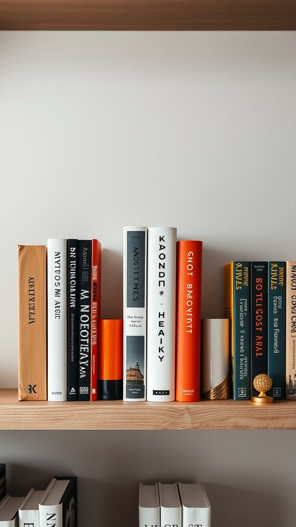 A shelf displaying various books with artistic bookends in between.