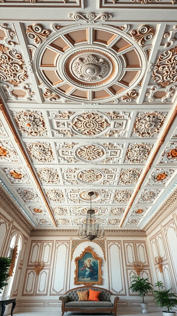 An elegantly designed ceiling featuring intricate patterns and a chandelier in a stylish room.