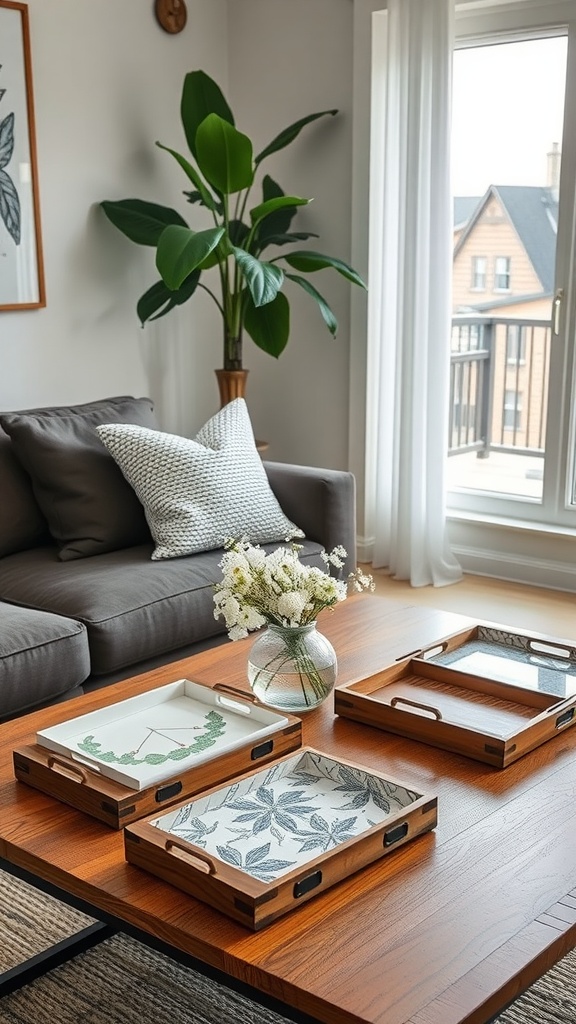 A cozy living room with artistic trays and coasters on a coffee table, surrounded by plants and a comfortable sofa.