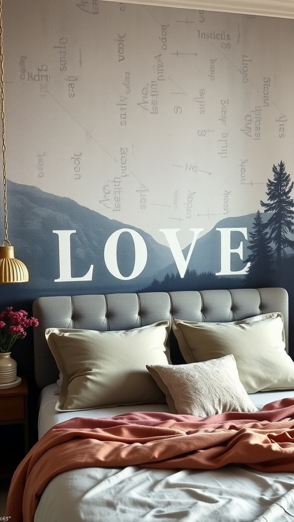 A cozy bedroom featuring an artistic headboard with a mural that says 'LOVE', complemented by soft cushions and a warm blanket.