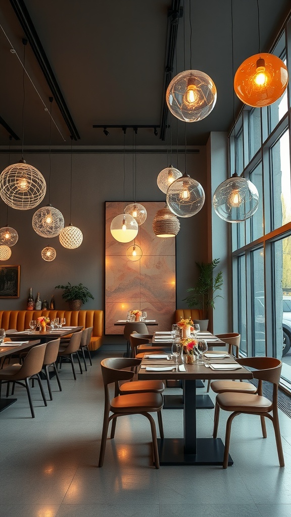 A modern dining area featuring various artistic hanging light fixtures.