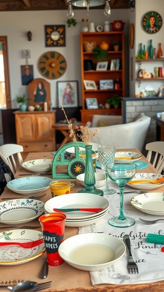 A colorful artistic table setting featuring various dishes and glassware in a cozy room.