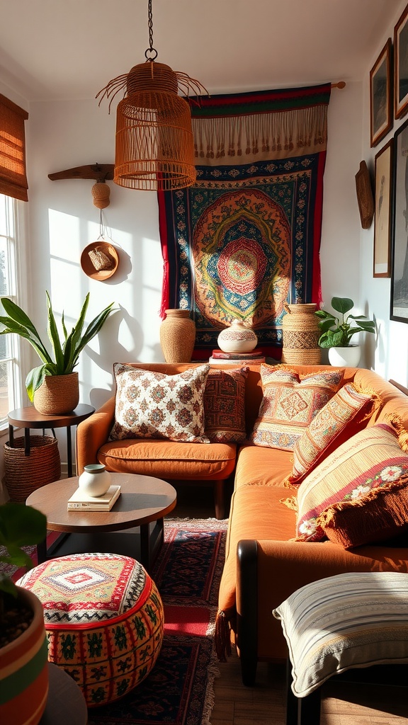 Living room decorated with bohemian textiles and patterns, featuring an orange sofa, patterned pillows, a wall hanging, and indoor plants.