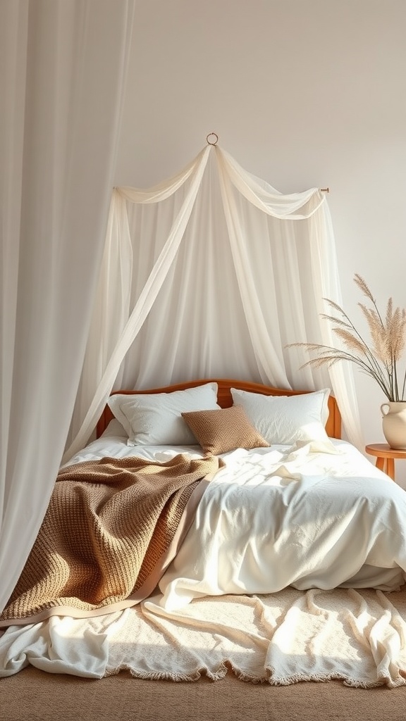 A bohemian style bedroom featuring soft curtains, a wooden bed, and cozy blankets.