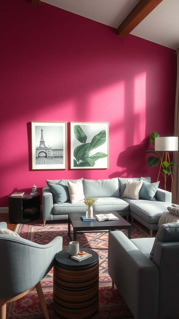 Living room with a bold pink accent wall, soft blue furniture, and framed artwork.