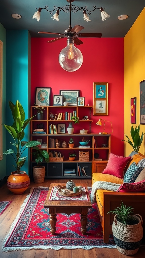 A bohemian living space featuring bold colors like red, teal, and yellow, with an orange sofa and eclectic decor