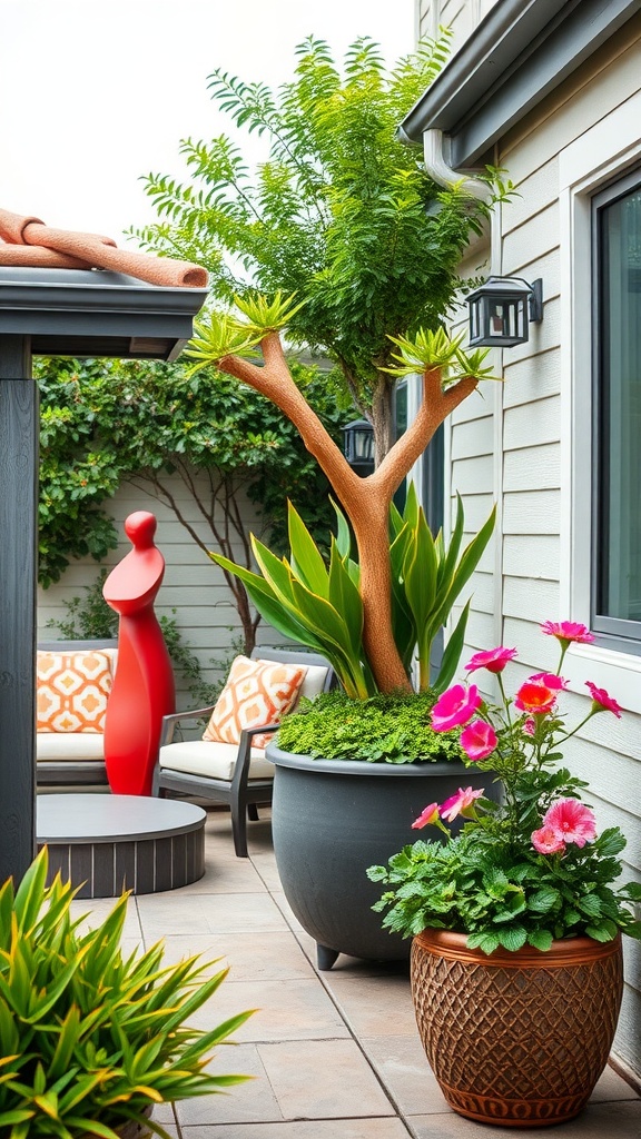 A vibrant patio scene featuring a red sculpture, lush plants, and stylish seating with patterned cushions.