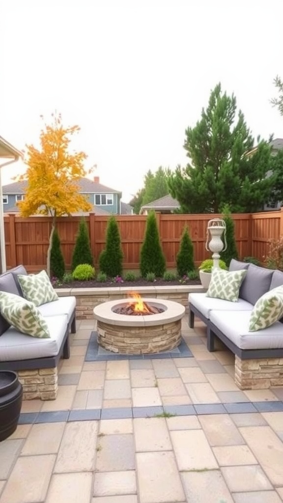 Outdoor patio with built-in bench seating around a fire pit