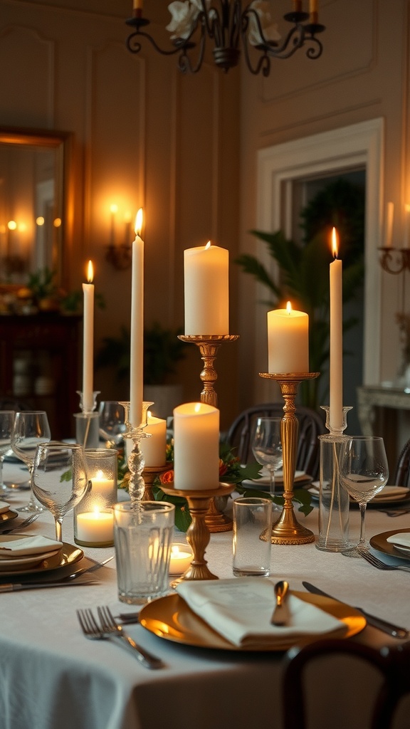 Elegant candle arrangement on a dining table with dinnerware and soft candlelight