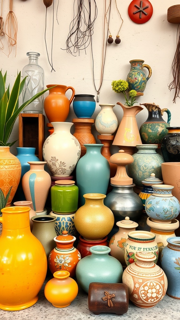 A colorful collection of ceramic and pottery vases and jars arranged artistically.