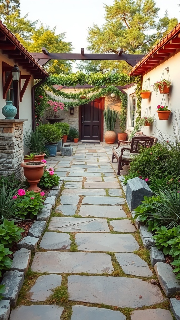 A charming garden pathway lined with plants and flowers, leading to a door.