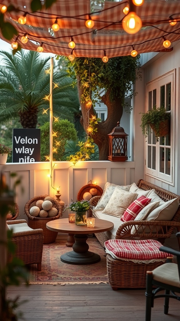 Cozy outdoor seating area with rattan furniture, cushions, fairy lights, and plants.