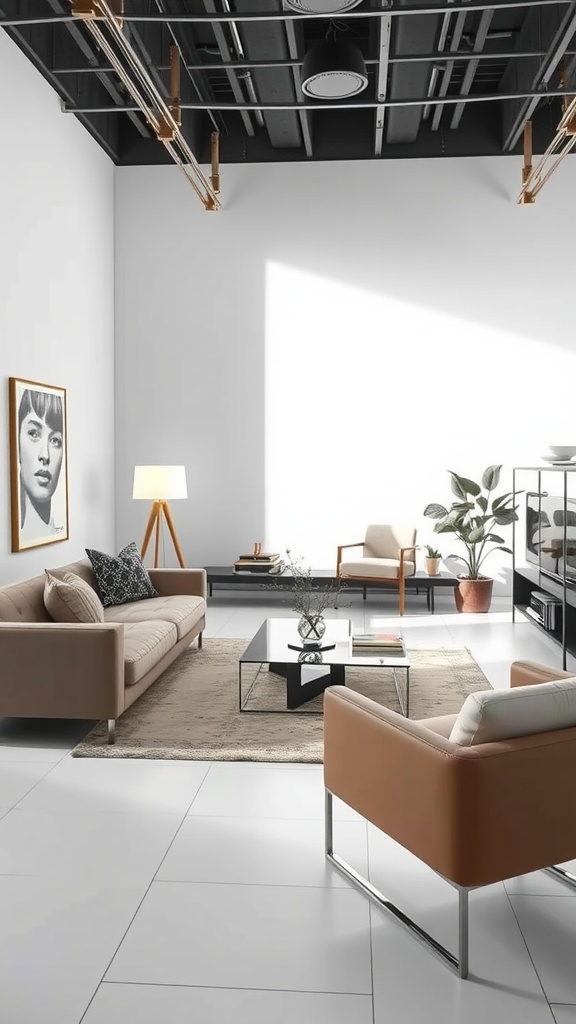 A stylish minimalist living room featuring a neutral color palette, modern furniture, and natural light.